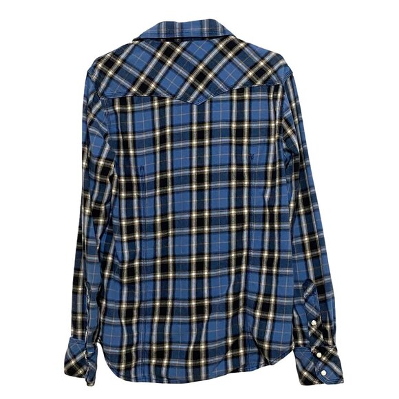 True Religion Mens Plaid Pearl Snap Shirt M Blue Western Rodeo Cowboy Country - Picture 3 of 7